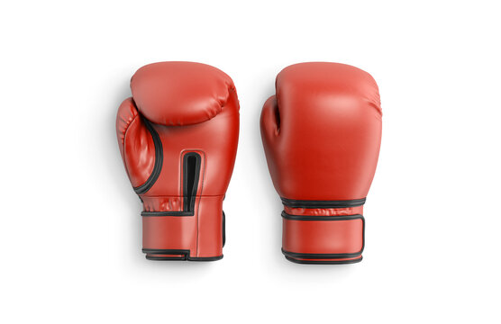 Blank red boxing gloves mockup lying, front and back, png transparent background, 3d rendering. Empty sports glove for fighter mock up cut out. Clear protection mittens for ring sparring template.