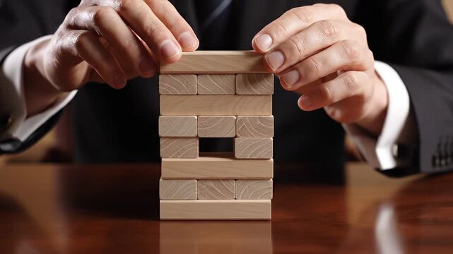 economy policy productivity concept. Man in suit playing wooden block stacking game on table