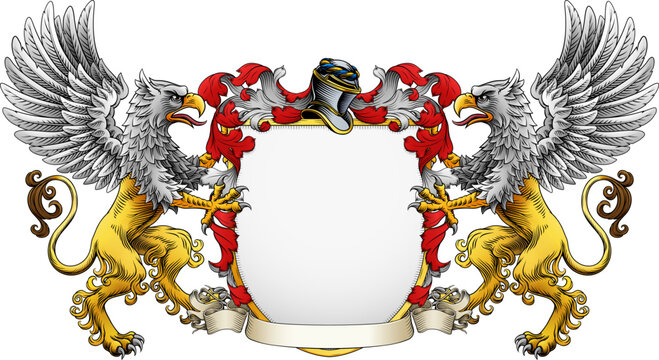 Griffin or gryphon coat of arms or crest family heraldry medieval heraldic knight shield. With helmet and acanthus filigree scroll ornament in a vintage woodcut style.