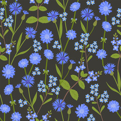 Blue wildflowers seamless allover pattern. Delicate blue hand drawn cornflowers, forget-me-nots, chicory flowers vector print. Botanical spring nature motifs. Seasonal floral blossom background.