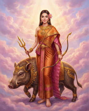 Thai Songkran Goddess Nang Rakshas Devi on Wild Boar, songkarn 2569 Goddess in Traditional Costume, songkran festival 2026