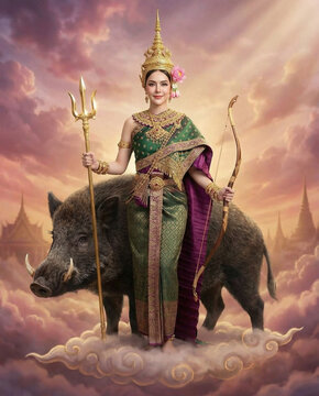 Thai Songkran Goddess Nang Rakshas Devi on Wild Boar, songkarn 2569 Goddess in Traditional Costume, songkran festival 2026
