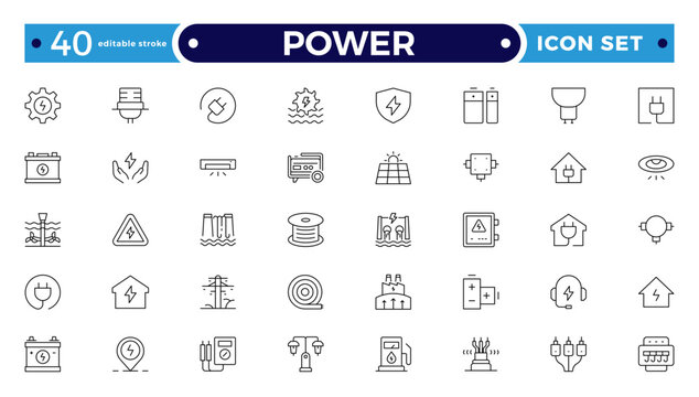 Power outline icon. Electricity icons set. Set of green energy thin line icons. Power-related icon set. Icons for renewable energy, green technology. Editable stroke outline icon.
