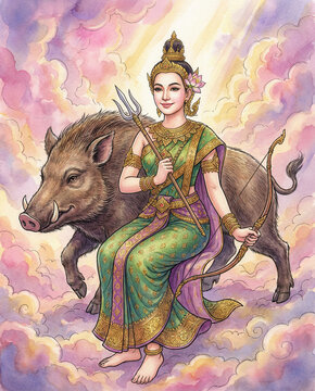 Thai Songkran Goddess Nang Rakshas Devi on Wild Boar, songkarn 2569 Goddess in Traditional Costume, songkran festival 2026