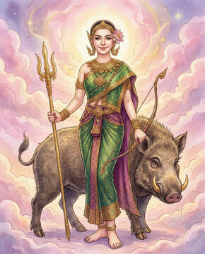 Thai Songkran Goddess Nang Rakshas Devi on Wild Boar, songkarn 2569 Goddess in Traditional Costume, songkran festival 2026