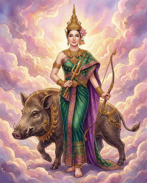 Thai Songkran Goddess Nang Rakshas Devi on Wild Boar, songkarn 2569 Goddess in Traditional Costume, songkran festival 2026