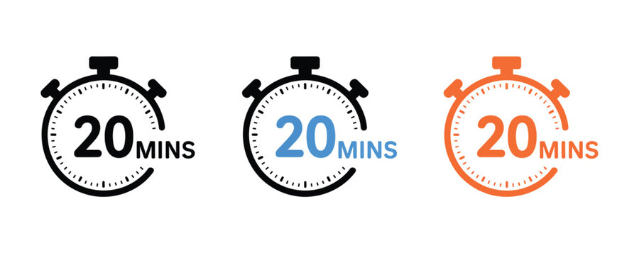 Three colorful stopwatch icons showing 20 minutes in different colors