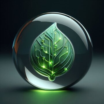 Glass sphere containing a glowing green leaf structure for environmental marketing campaigns on a dark background.