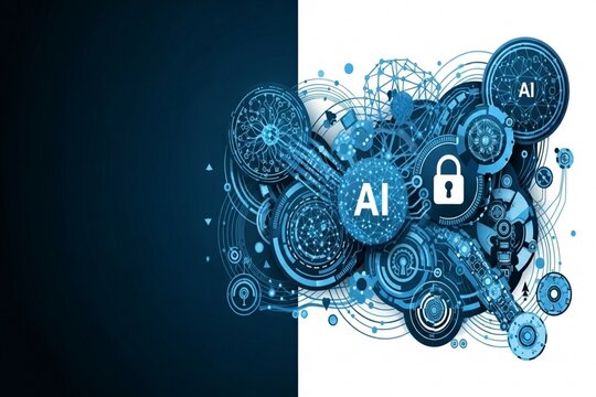 Advanced AI technology and data science concept, futuristic cyber security with digital padlock and circuit brain, robotic automation and neural network background for big data processing, 4k high qua