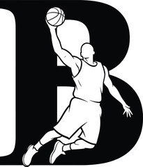 Basketball player dunk silhouette with letter B typography, dynamic sports vector illustration showing athlete jumping with ball, minimalist black design for basketball logo or team branding. © Amit World