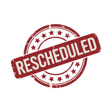 Grunge red rubber stamp icon communicates that an event has been officially rescheduled for a.
