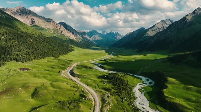 Aerial view of a lush green valley surrounded by mountains. A winding river flows through the landscape under a partly cloudy sky.