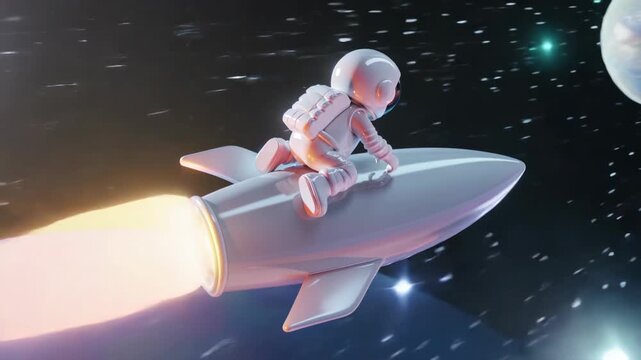 Astronaut riding silver rocket in space. Suitable for childrens books, sciencethemed designs, and spacerelated educational materials.