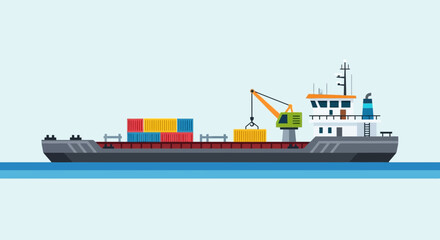Fototapeta premium Cargo ship with containers on the sea, loading and unloading goods with a crane.