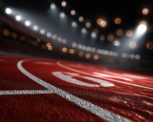 Red Track At Night Stadium With Spotlight