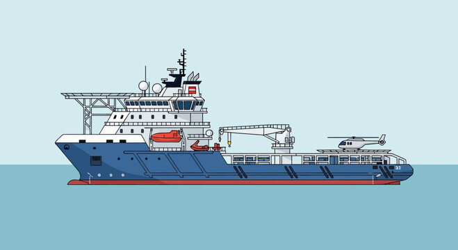 Modern offshore support vessel with helicopter deck and crane