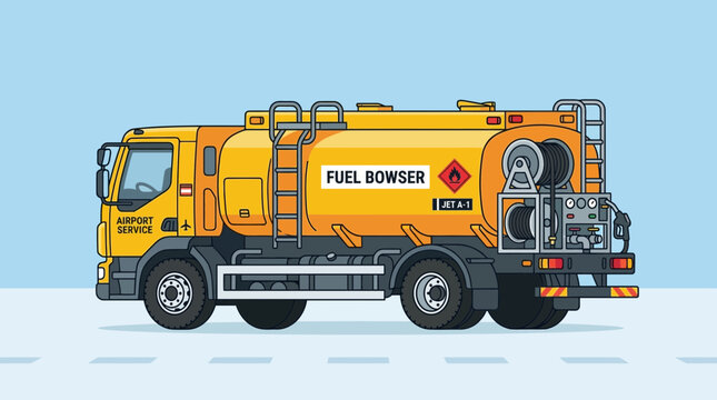 Yellow fuel bowser truck on airport tarmac, illustration