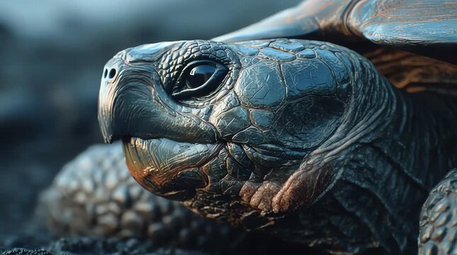 Old giant tortoise with cracked obsidian-like shell, moss veins in scutes, barnacle scars, detailed wrinkled leathery skin