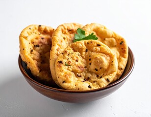 Fototapeta premium Traditional Indian fried flatbreads freshly prepared, such as Puri or Bhature, served appetizingly in a brown ceramic bowl with vibrant green herbs and savory black seeds on a clean white background