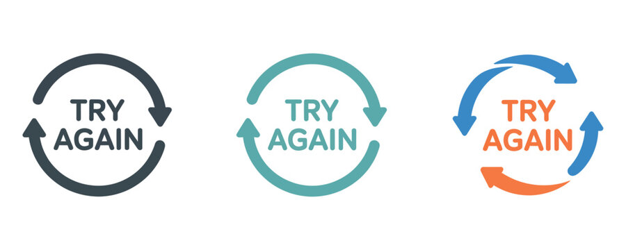 Modern try again icons with circular arrows in black, green and orange