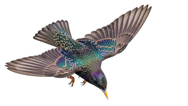 Isolated bird with iridescent plumage in flight during migration, against bright backdrop