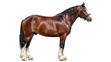 Isolated chestnut draft horse with braided mane and harness on a simple background image © Maelle