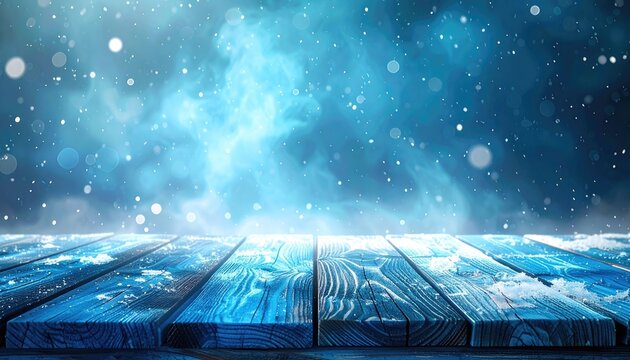 A captivating winter scene featuring a frost-covered wooden surface against a blue, snowy backdrop.