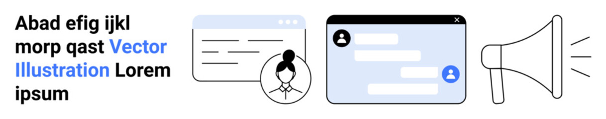 Fototapeta premium Digital communication, user interaction, social media, online collaboration, information exchange, customer outreach. Graphic elements include chat windows, profile icons and a loudspeaker. Digital