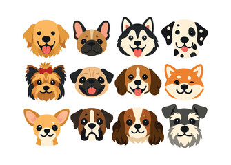 Naklejka premium Adorable dog drawings featuring a variety of well-loved breeds, great for avatars, icons, or kids' projects