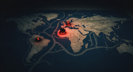 Dramatic world map with glowing red virus-like markers illustrating global outbreaks, crises, or interconnected threats, ideal for concepts of pandemic, conflict, or urgent worldwide issues.