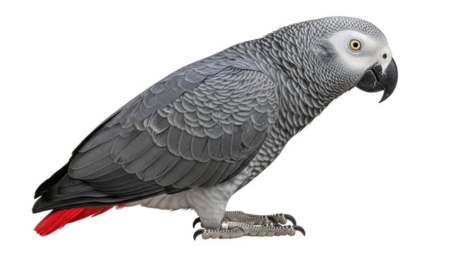 Isolated African Grey Parrot Perching Quietly, Congo Grey Parrot, Psittacus erithacus, Bird Portrait