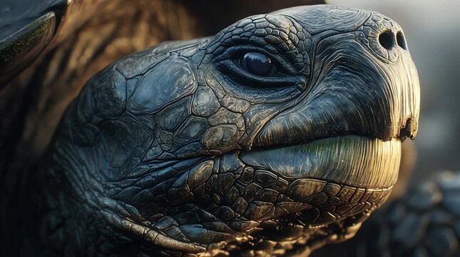 Old giant tortoise with cracked obsidian-like shell, moss veins in scutes, barnacle scars, detailed wrinkled leathery skin