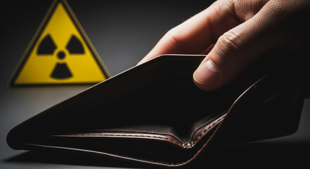 Obraz premium Empty wallet held by a hand against a blurred radiation symbol, illustrating severe financial crisis, economic risk, and potential global instability.