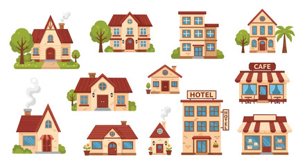 Colorful illustration depicting various types of houses and small businesses