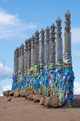 Sacred pillars-serge on the Burkhan cape. Buryat sanctuary on Olkhon island. Khuzhir, Irkutsk region. Russia