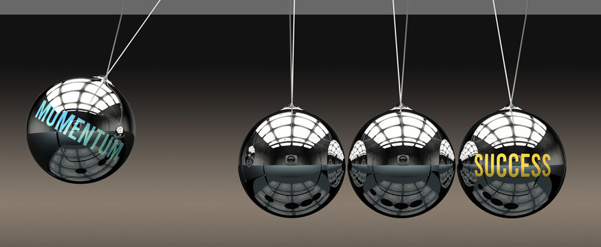 Momentum leads to Success. A metaphor in which momentum initiates motion of success and gives it energy. Cause and effect relation between momentum and success. ,3d illustration