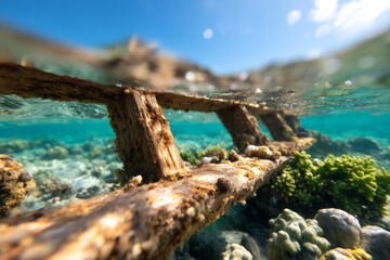 Naklejka premium Detailed Underwater Scene of Coral Reef with Environmental Damage After Events