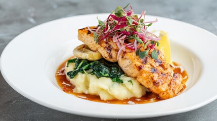 Fish with lemon and spinach, mashed potatoes, and red sauce sit on a white plate. This fancy dish looks great on a gray counter for photos and serving.