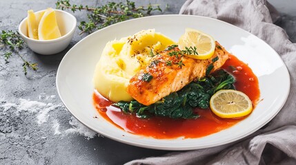 Fish with lemon and spinach, mashed potatoes, and red sauce sit on a white plate. This fancy dish looks great on a gray counter for photos and serving.