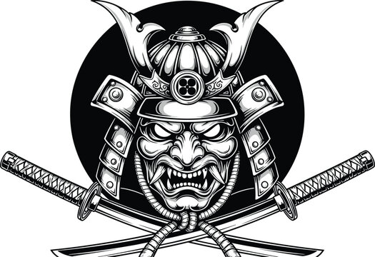 Japanese samurai mask vector illustration with crossed katana swords, traditional warrior helmet, fierce demon face, black and white tattoo style design inspired by Japanese culture.