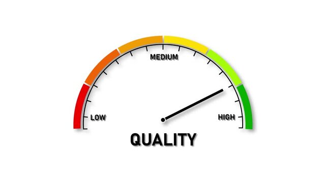 A semicircular gauge with a needle pointing to high quality on a white background Keywords: gauge, meter, dial, indicator, quality, high, low, medium, measurement, scale, performance, rating