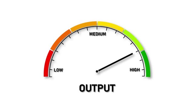 A semicircular gauge with a needle pointing to high output on a white background Keywords: gauge, meter, dial, indicator, output, high, low, medium, measurement, scale, production, performance