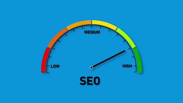 SEO performance meter indicating high search engine optimization levels on a blue background indicator