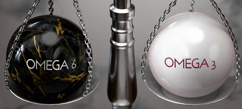 Omega 6 or Omega 3 - weighing two choices, available options. Choosing between omega 6 or omega 3. Two different course of actions. ,3d illustration