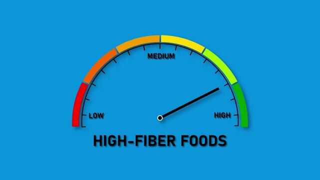 High-fiber foods level indicator gauge with needle pointing to high on a blue background Keywords: high-fiber foods, gauge, meter, indicator, level, measurement, scale, dial, speedometer, progress
