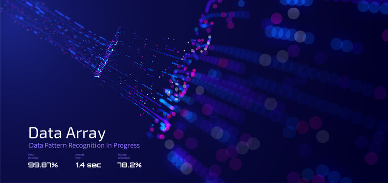 Futuristic data array visualization with flowing particle waves and digital interface representing big data analysis, pattern recognition, artificial intelligence, machine learning vector background