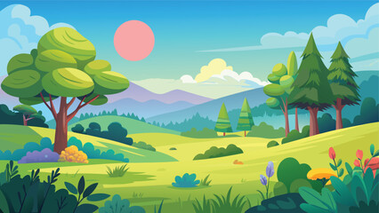 Naklejka premium A serene landscape featuring vibrant greenery, a bright sun, and a calm river flowing through nature.