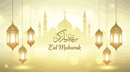 Eid mubarak greeting card with hanging lanterns and mosque silhouette in golden color © Saharia