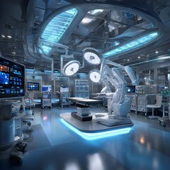 Modern operating room with robotic system and monitors. Wide view of modern hospital operating room with robotic surgery system, lamps and monitors.