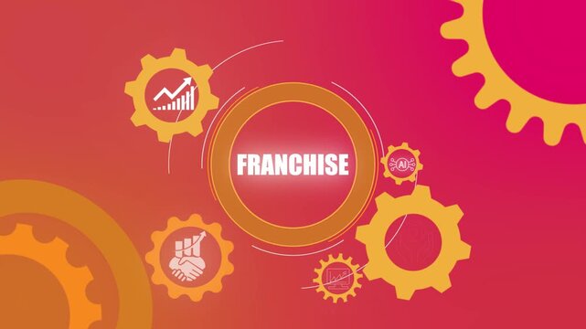 Franchise business concept with business plan strategy and setting icon animation illustrating brand expansion, partnership model and corporate growth opportunity.